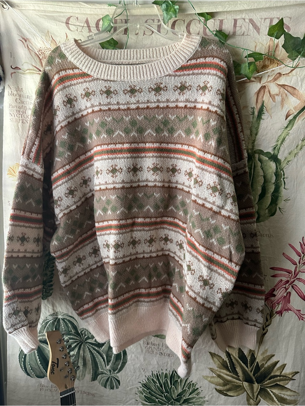 Cozy Knit Fair Isle Sweater - Beige Green Rust